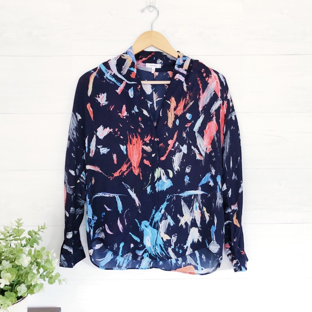 Reiss Navy Blue Colorful Button Down Blouse 328